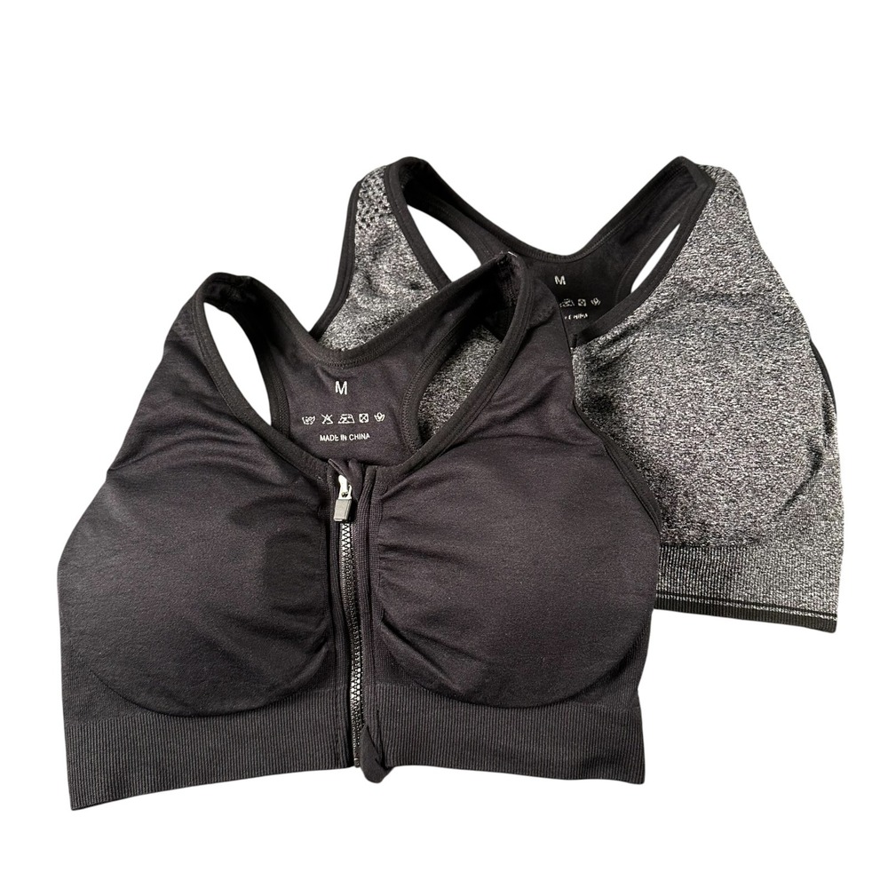 Set of 2 Front Zip Sports Bras Black Heather Grey Racerback Seamless Medium